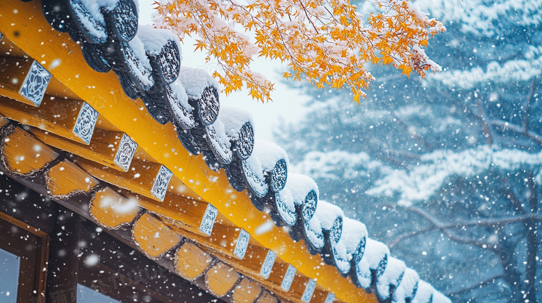 冬天古建筑屋檐雪景图片