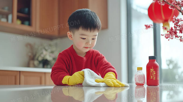 新年扫尘孩子在清洁卫生图片