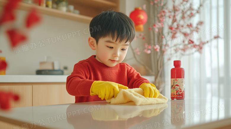 新年扫尘孩子在清洁卫生图片