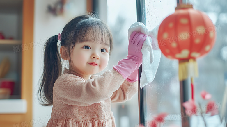 新年扫尘孩子在清洁卫生图片