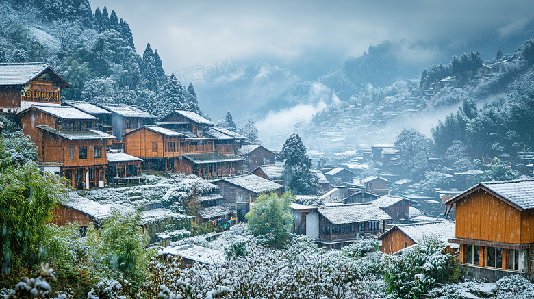 冬季下雪雪天村庄美景雪景图片