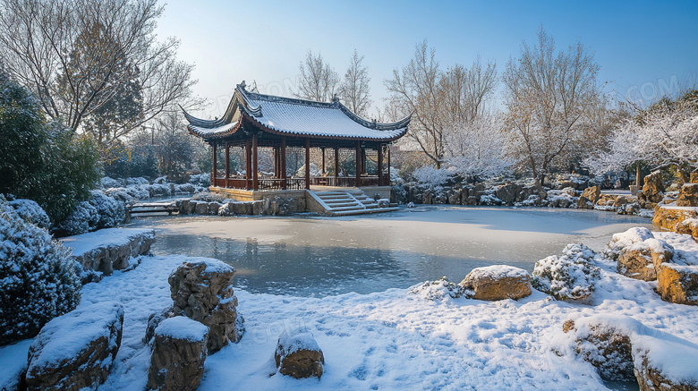 冬季下雪天中式园林古建筑雪景图片