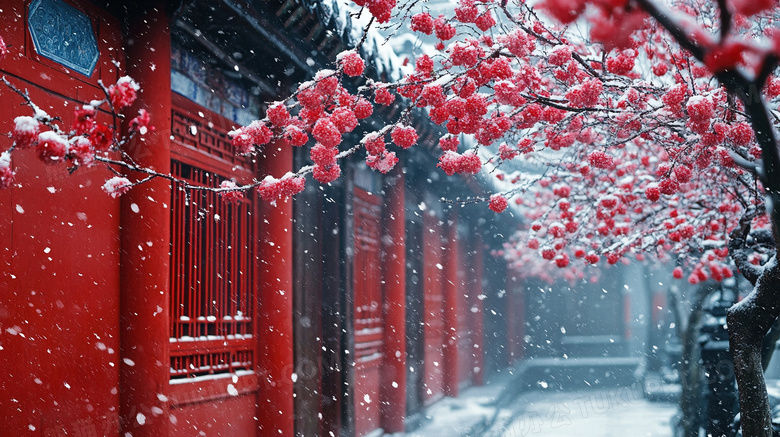 雪中的梅花与古建筑美景图片