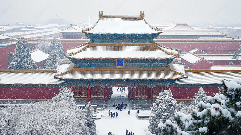 雪中的中式宫殿古建筑美景图片