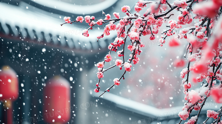 雪中的梅花与古建筑美景图片