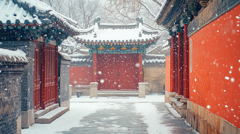 雪中的中式巷子古建筑美景图片