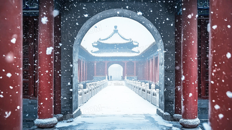 雪中的中式古建筑美景雪景图片