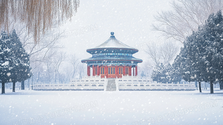 雪中的中式古建筑园林美景图片