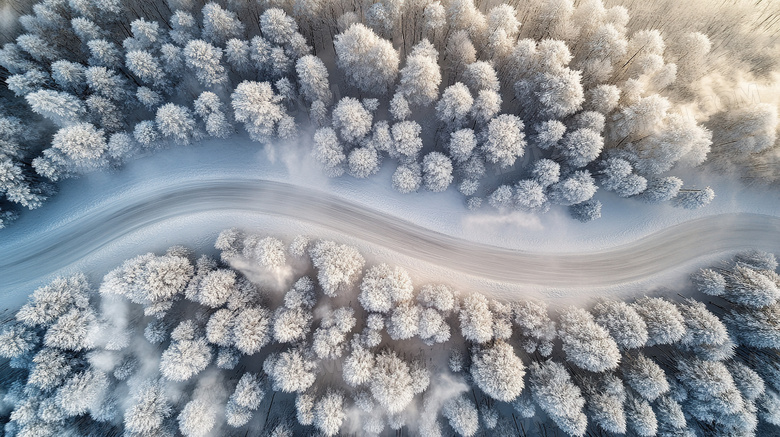 雪景下雪天俯视拍摄森林图片