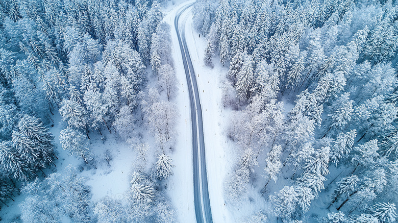 下雪天俯视拍摄森林雪景图片