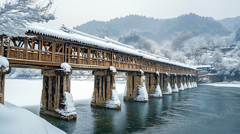 雪景下的古桥图片