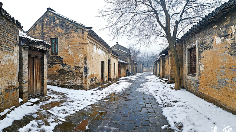 古街的雪景场景图片