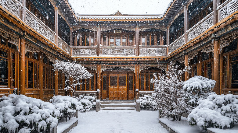 雪景下的传统四合院图片