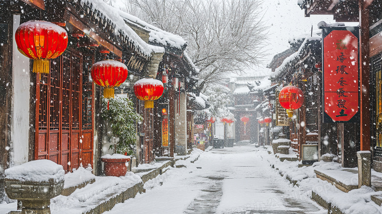 雪景下的古街商铺图片