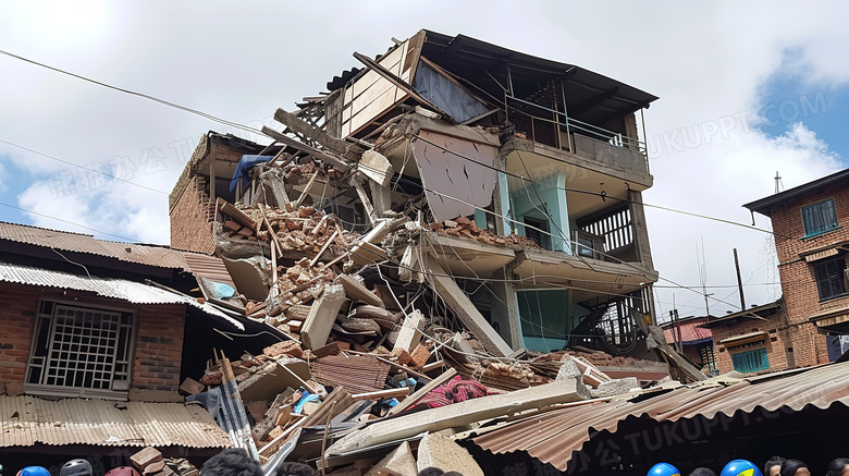 地震后倒塌的房屋遗址场景特写图片