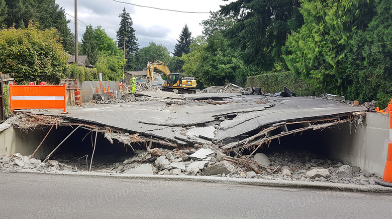 地震后倒塌的道路场景特写图片