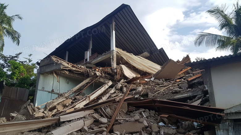 地震后倒塌的房屋遗址场景特写图片