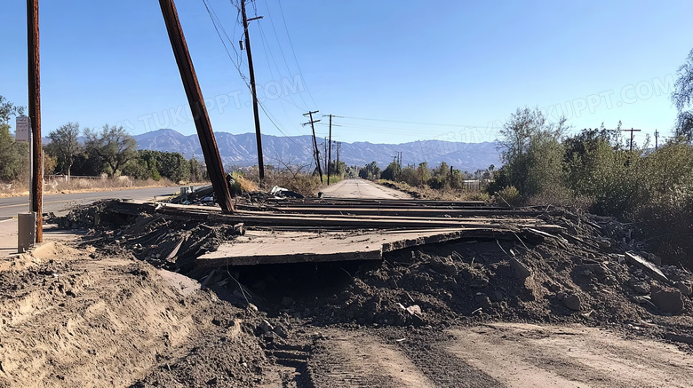 地震后倒塌的道路场景特写图片