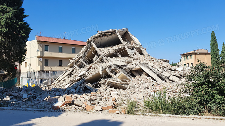 地震后倒塌的房屋遗址场景特写图片