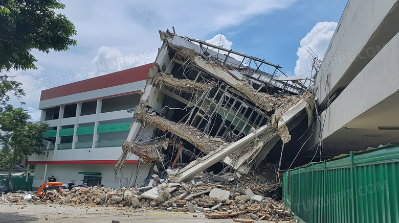 地震后倒塌的房屋遗址场景特写图片