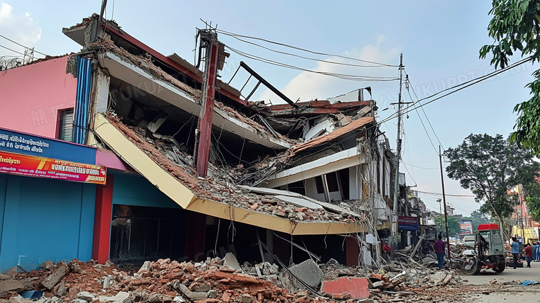 地震后倒塌的房屋遗址场景特写图片