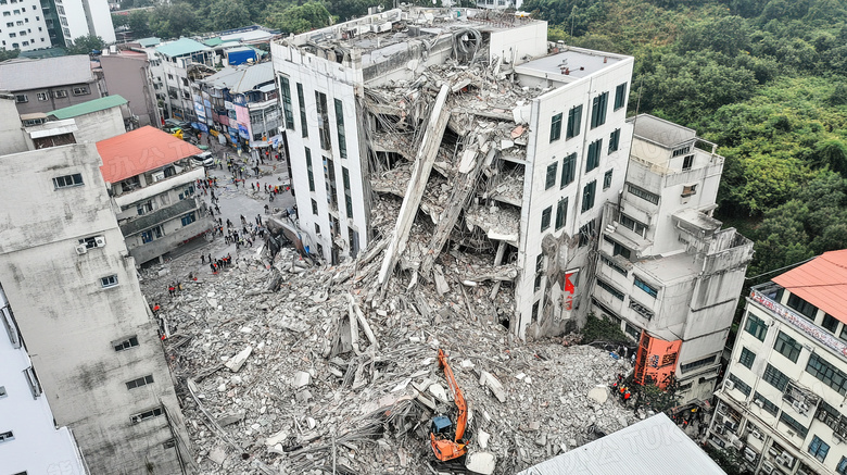 地震后倒塌的房屋遗址场景特写图片