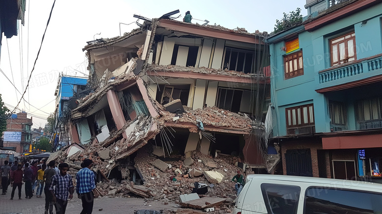 地震后倒塌的房屋遗址场景特写图片