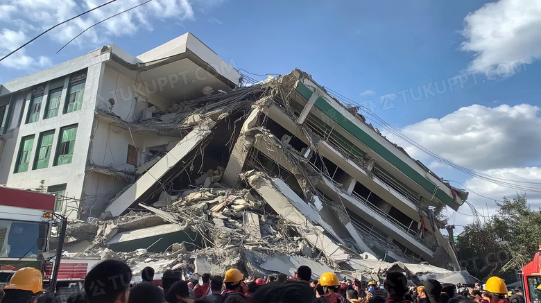 地震后倒塌的房屋遗址场景特写图片