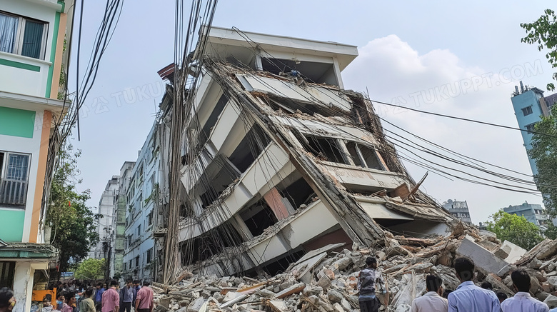 地震后倒塌的房屋遗址场景特写图片