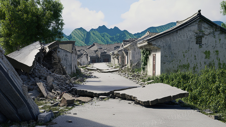 地震后倒塌的房屋道路遗址场景特写图片