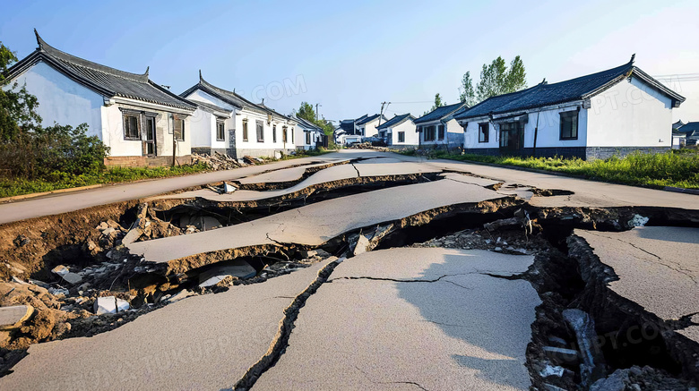 地震后倒塌的房屋道路遗址场景特写图片