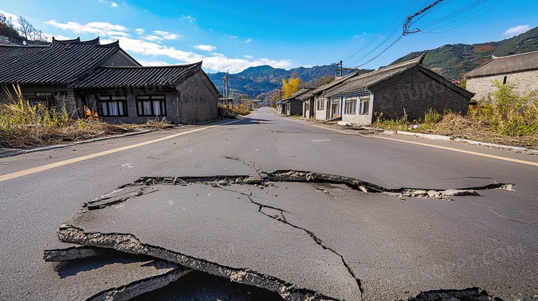 地震后倒塌的道路场景特写图片