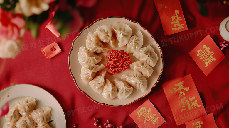 新年放在桌上的一盘饺子图片