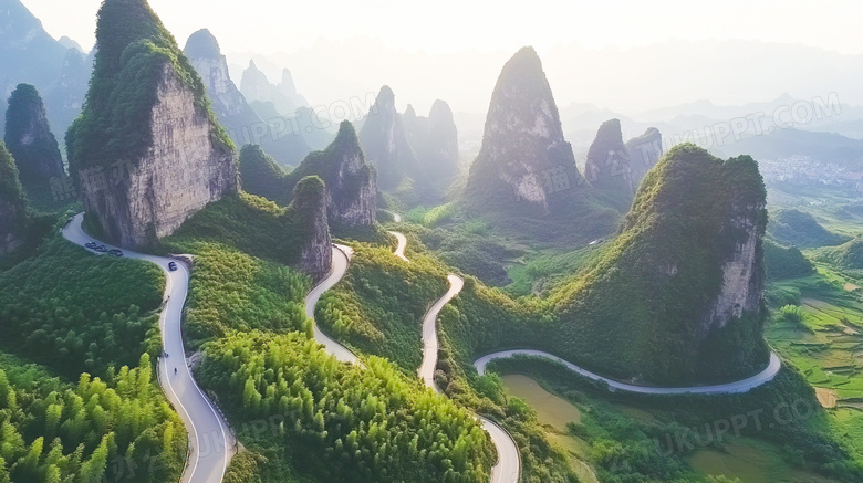 崎岖蜿蜒曲折的盘山公路远景图片