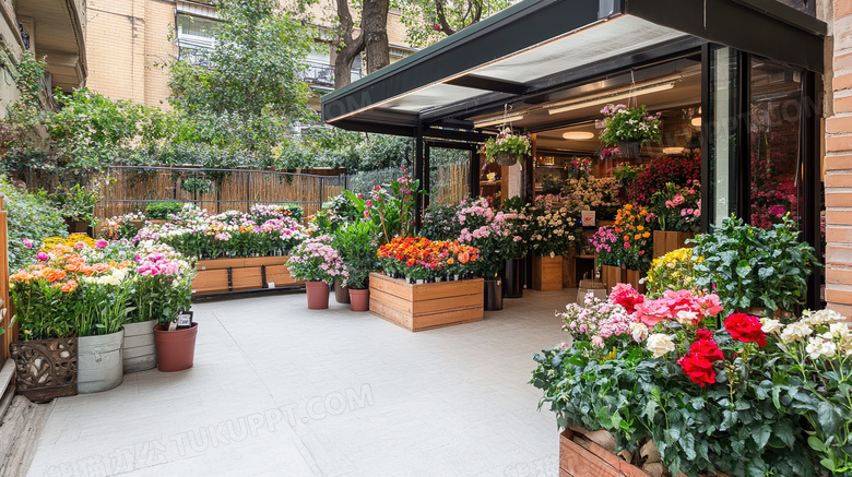 摆满鲜花的花店店外门头招牌图片