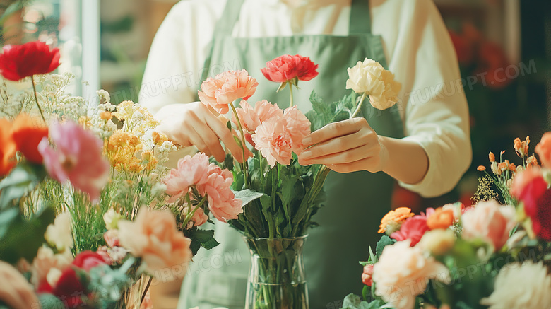 花店里正在插花的人图片