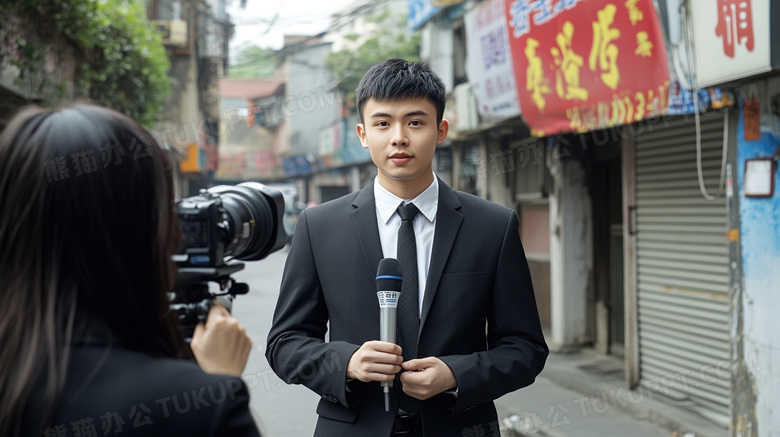 记者街头采访访谈访问女人图片