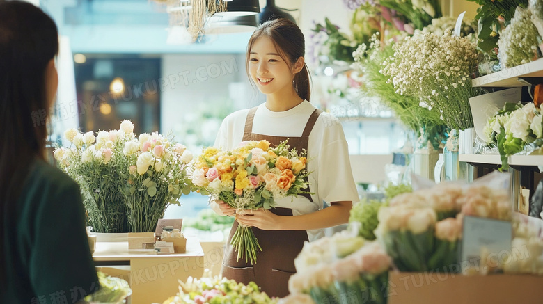 花店店员正在出售鲜花图片