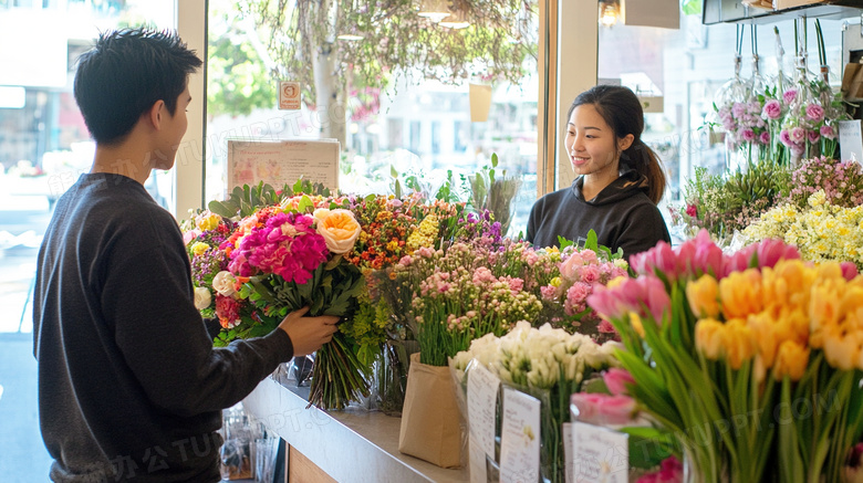 花店店员正在出售鲜花图片