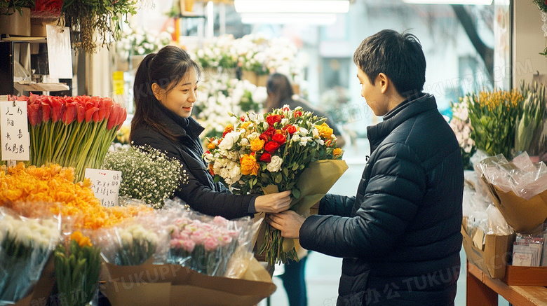 花店店员正在出售鲜花图片