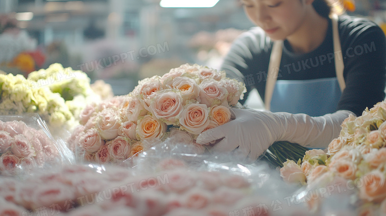 花店店员正在整理花束图片