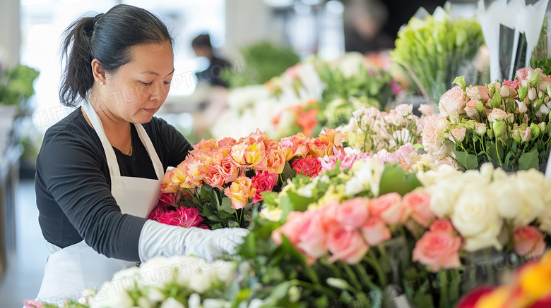 花店店员正在整理花束图片