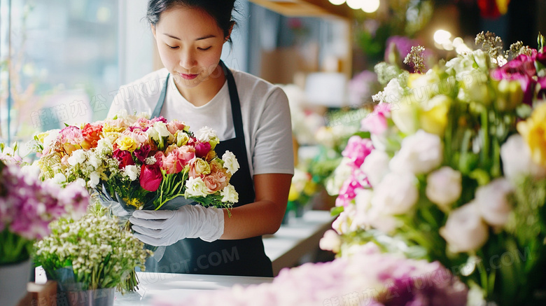 花店员工正在整理花束插花图片