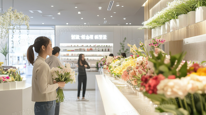 女子在花店买花图片