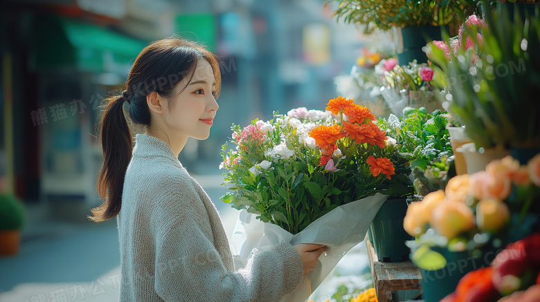 女子在花店买花图片