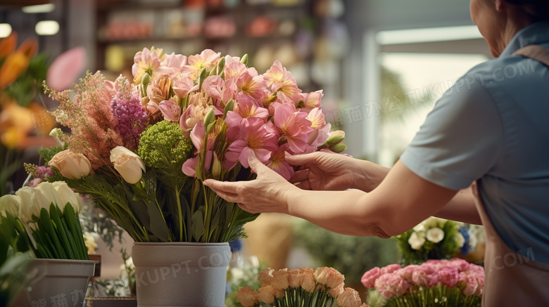 花店女子双手在整理鲜花花卉