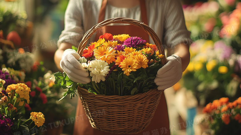 花店女子双手在整理鲜花花卉