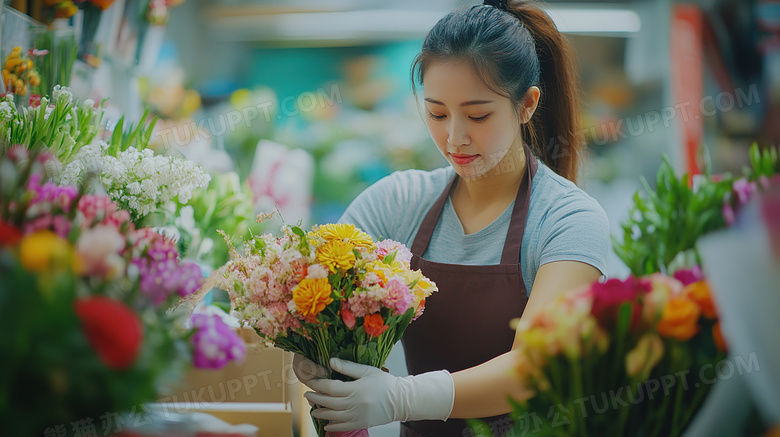 花店老板在整理鲜花花卉图片