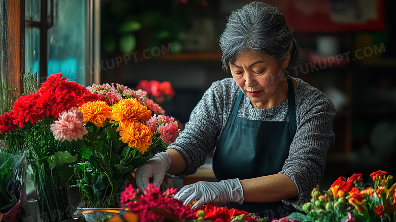 花店老板在整理鲜花花卉图片