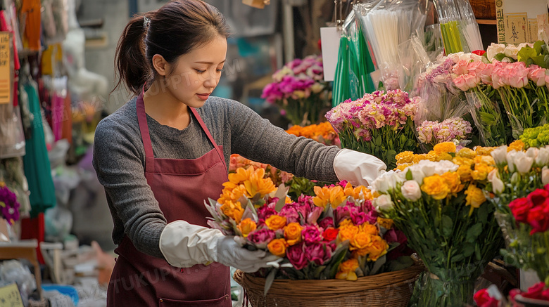 花店老板在整理鲜花花卉图片